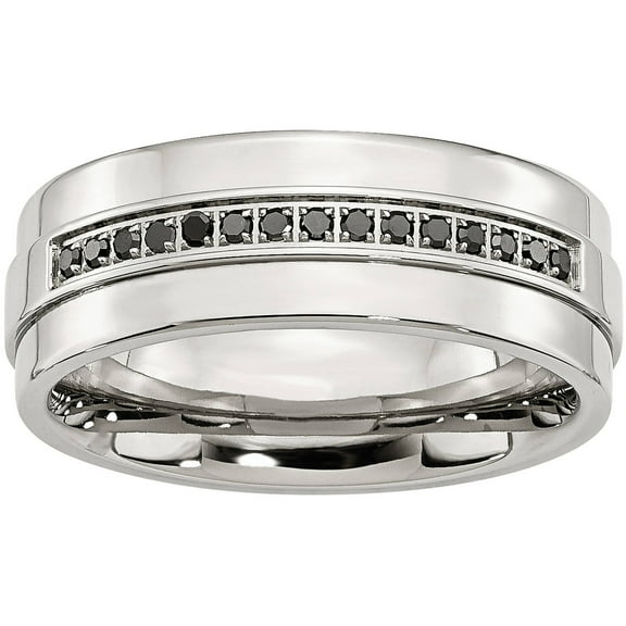 Stainless Steel Polished & Black Diamonds 8mm Band