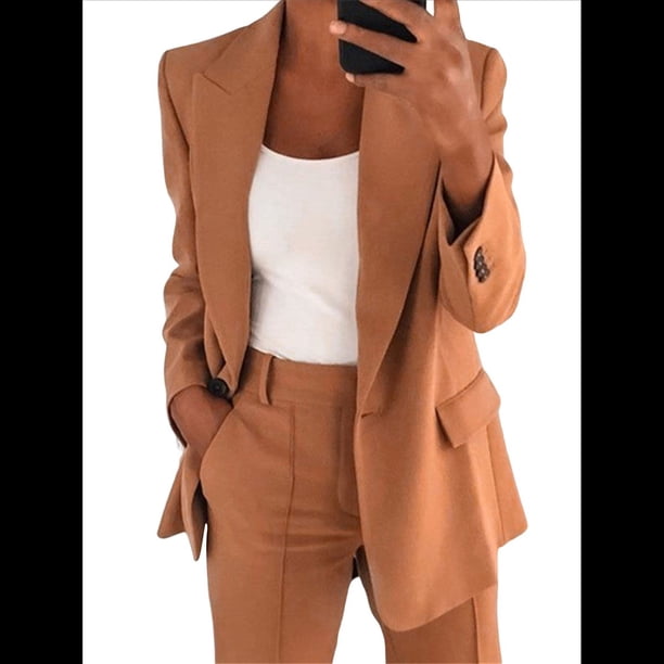 Conjuntos de 2 Piezas para Mujer, Grandes, Estilo Informal de Negocios, Larga, Solapa, Pantalón Recto, Trajes. Café M