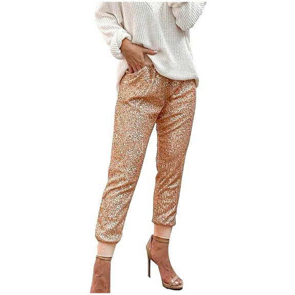 Deals Clearance under 10.00 Womens Pants Womens Casual Loose Sequins Comfy Work Pants Pockets Elastic High Waist Pants