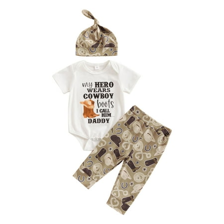 

Bagilaanoe 3pcs Newborn Baby Boy Long Pants Set Letter Print Short Sleeves Romper Tops + Trousers + Hat 3M 6M 12M Infant Casual Outfits