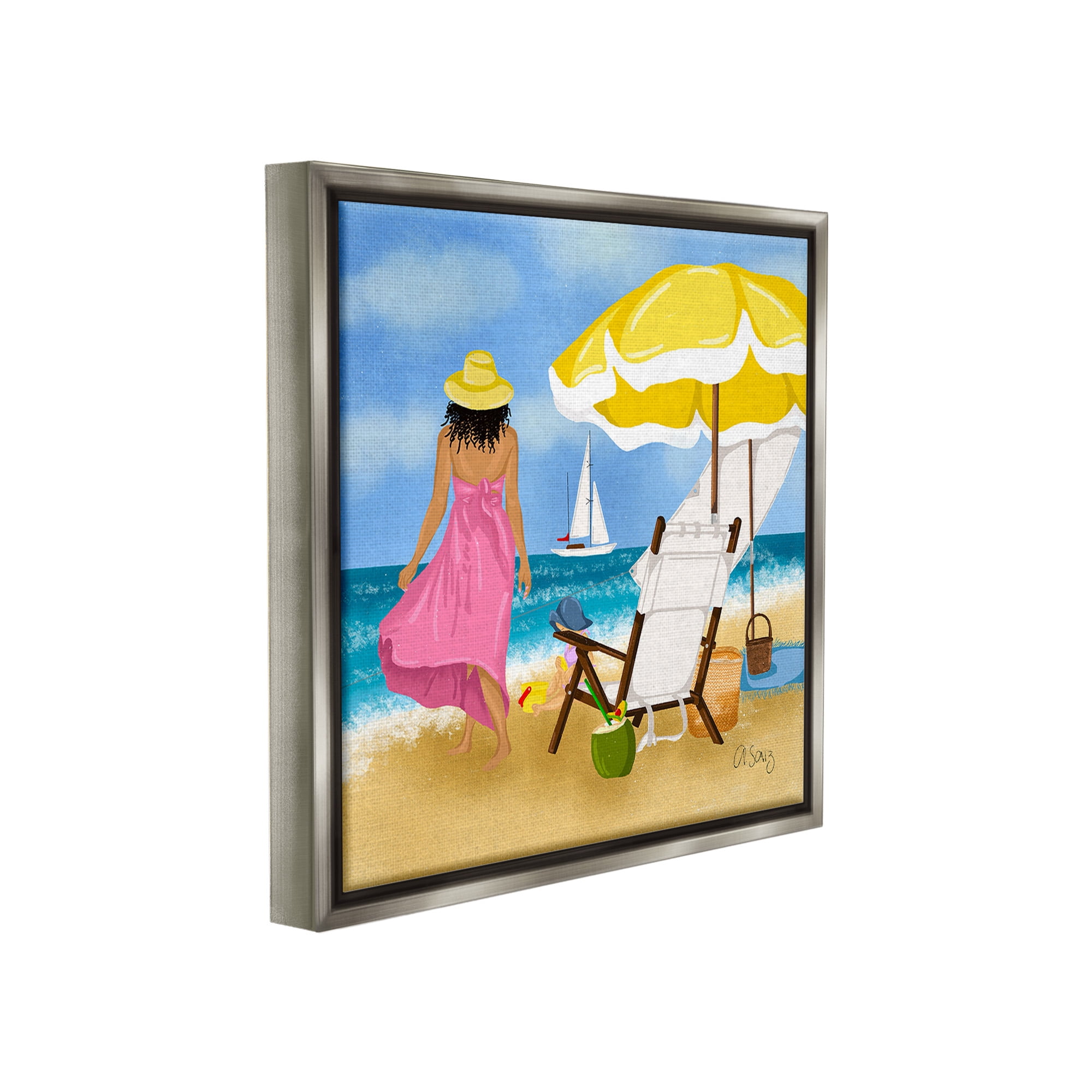 Stupell Industries Woman Strolling Beach Landscape Painting Gray Floater Framed Canvas Art Print Wall Art, 25 x 25