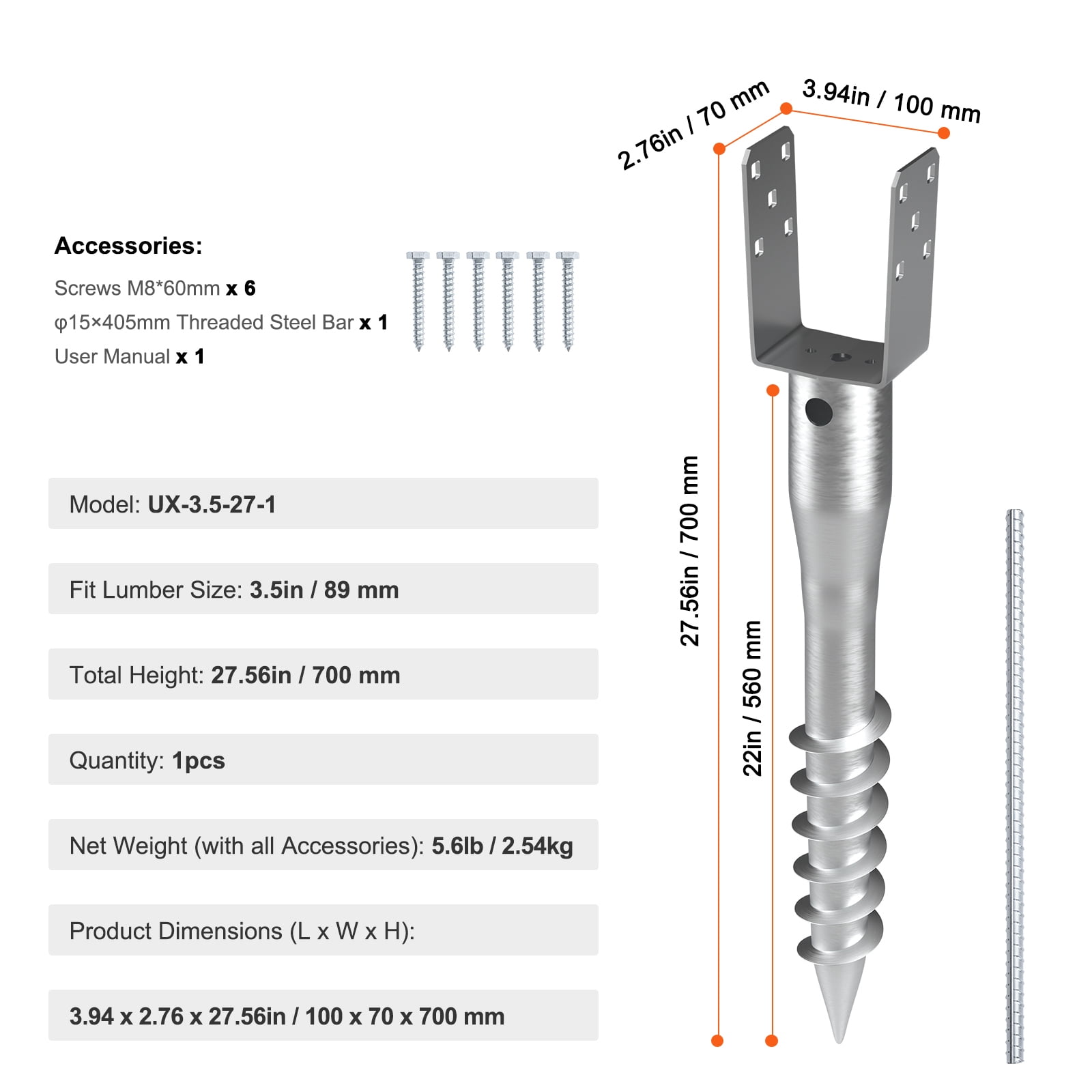 KFFKFF 1 Pack 3.94 x 2.76 x 27.56 in No Dig Ground Anchor DIY Screw in Post Stake