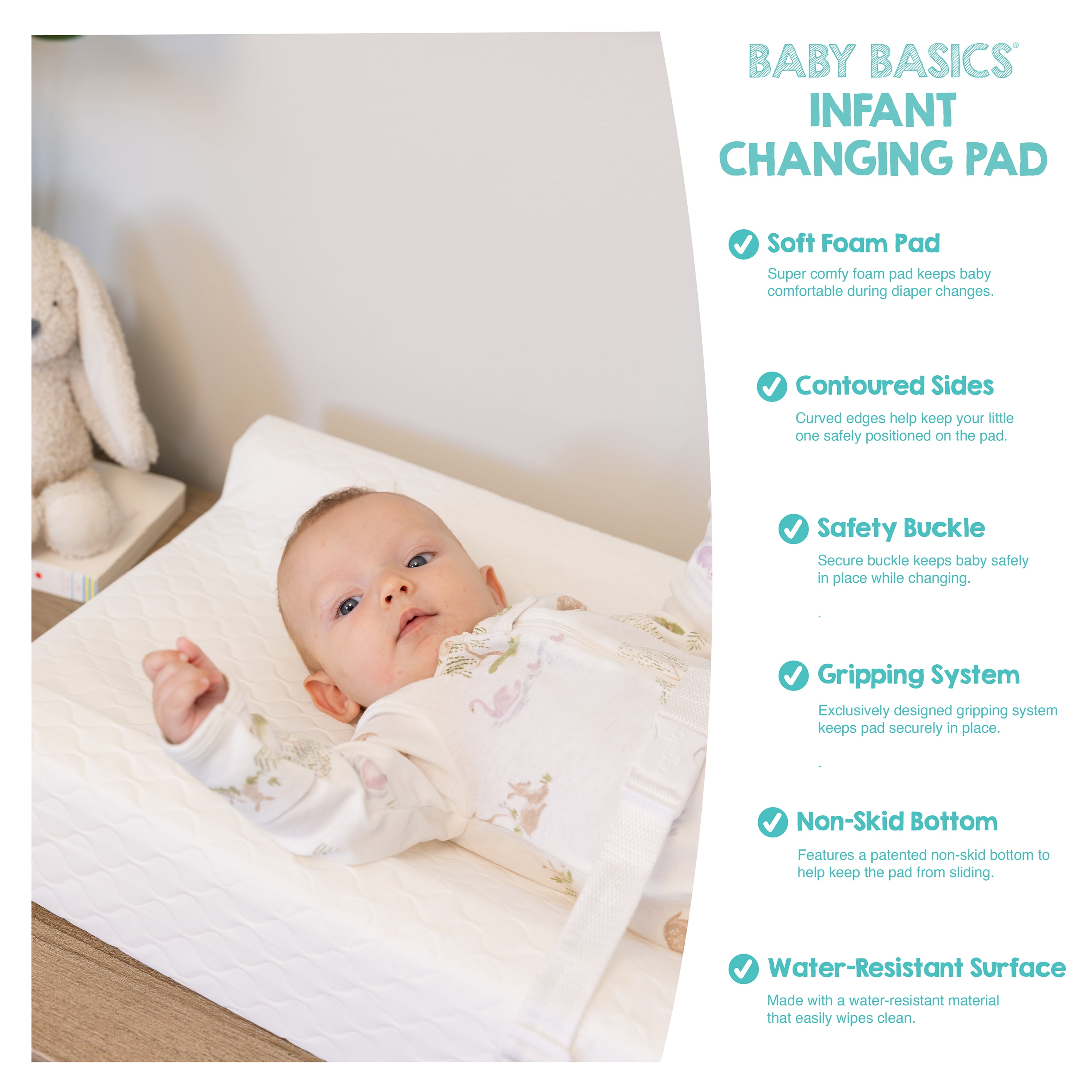 Regalo Baby Basics Infant Foam Changing Pad with Contoured Sides, Water Resistant, Safety Buckle, White
