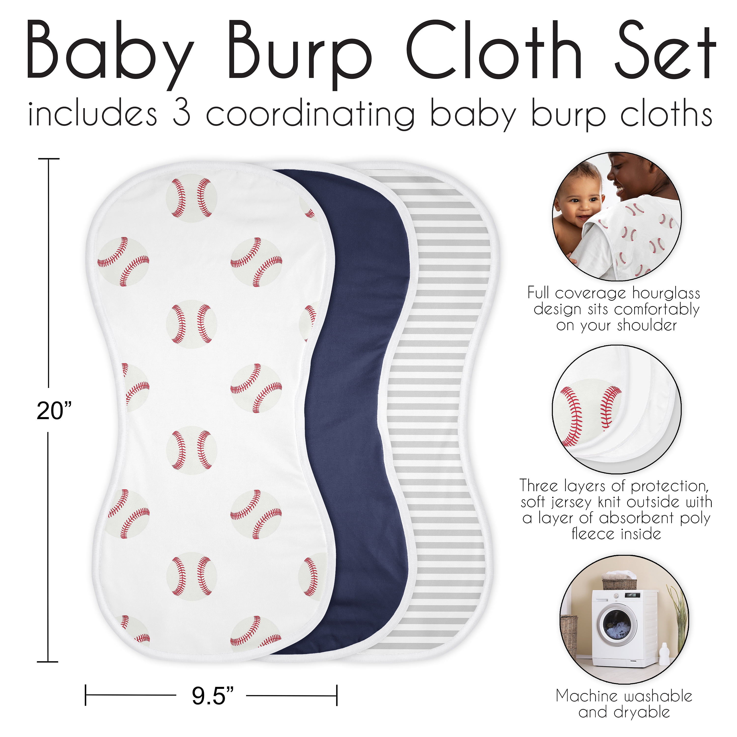 Sweet Jojo Designs Baseball Patch White Blue and Grey Absorbent Burp Cloths 3 Piece Set