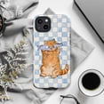 thumbnail image 6 of Cute Orange Cat with Fish Glasses Phone Case, Playful Cartoon Kitten on Blue and White Checkered Background, iPhone 16 15 14 13 12 11 Pro Max Mini Cover, 6 of 6
