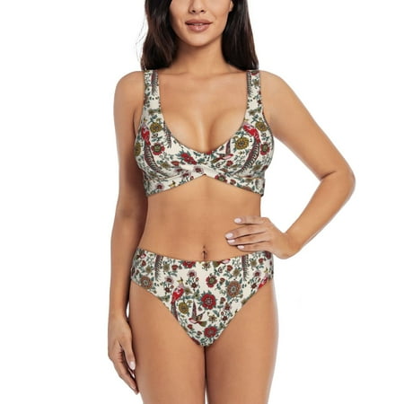 Zeuib Dark Enchanted Flowers And Birds High Waisted Tummy Control Bikini Set - Knot Front Push Up Top & Cheeky Thong Bottom  Two-Piece Swimsuit for Women-Small