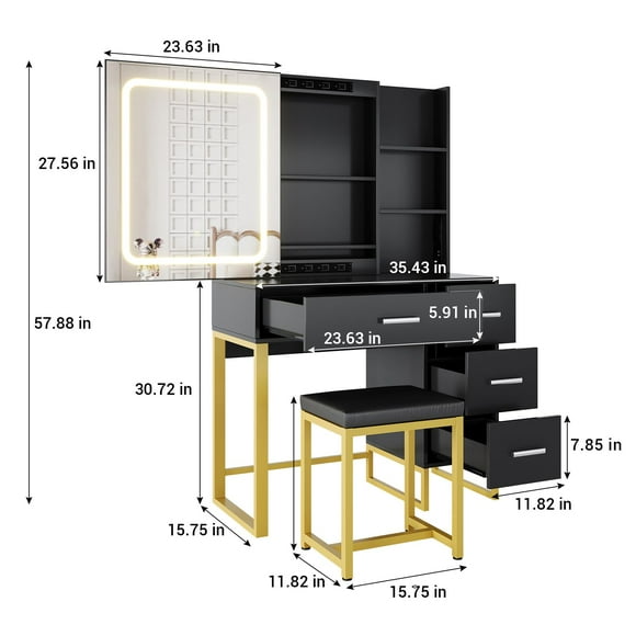 Kojooin Vanity Desk, Makeup Vanity Desk with Mirror and Lights, Power Outlets, Cushioned Chair, Hairdryer Holder, 3 Lighting Colors, 4 Drawers and 5 Storage Shelves for Bedroom