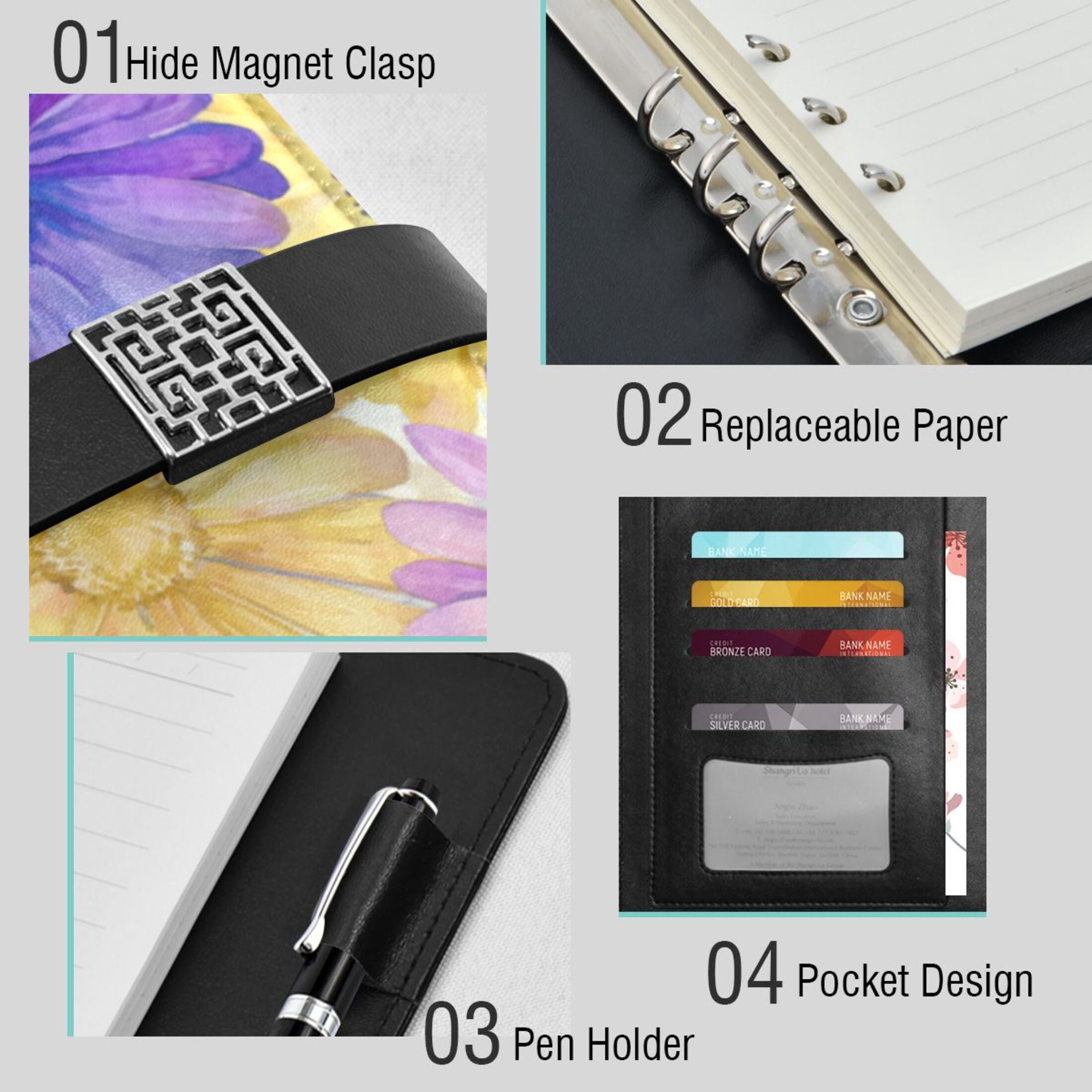 Leather Planner Leather Notebook Notebook Journal Binder Design Pen Pocket Design Convenient for Storage Vibrant Purple Daisy Pattern