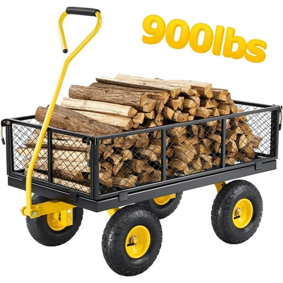 MAXVINI 900 Lbs Heavy Duty Steel Garden Cart, Garden Wagon Cart on Wheels, Outdoor Metal Yard Utility Wagon Carts with 10" Tires and Mesh Removable Sides(Convert to Flatbed) and 180°Rotating Handle