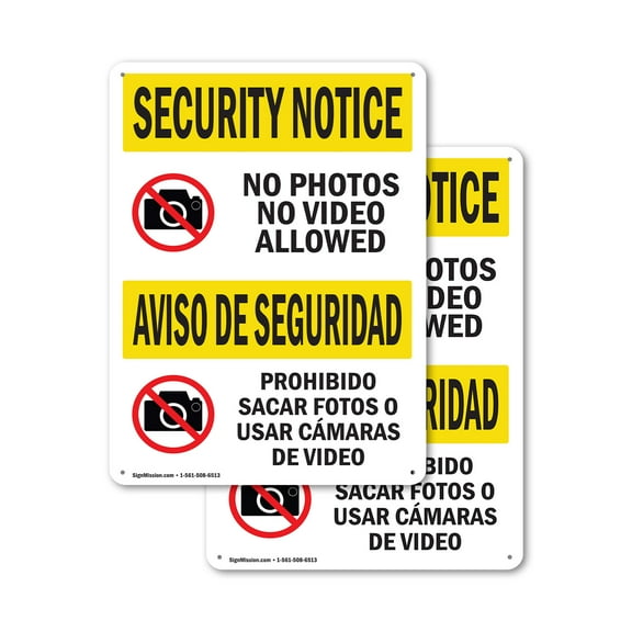 (2 Pack) No Photos Or Video Bilingual OSHA Security Notice Sign 18 Inch X 24 Inch Indoor / Outdoor Rust-Free Aluminum Metal Signs for Workplace, Workshop, and Construction Site, Made in