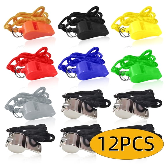 Whistle Whistles for Coaches Emergency for Adults with Black Lanyard 12-Pack