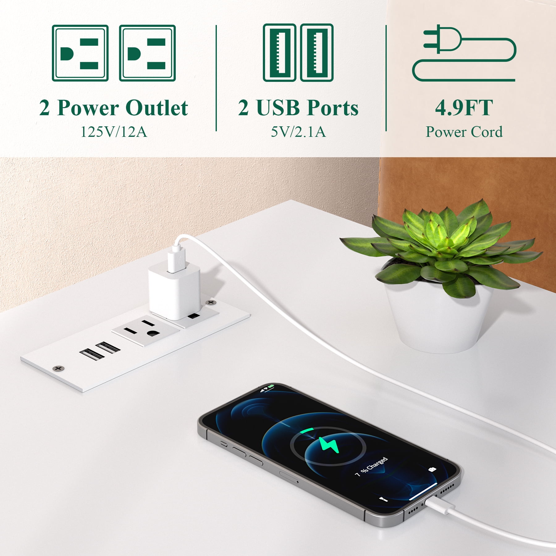 HOMWOO White Nightstand with Charging Station Modern Bedside Table with 2 Wooden Drawers and Storage Shelves for Bedroom Living Room