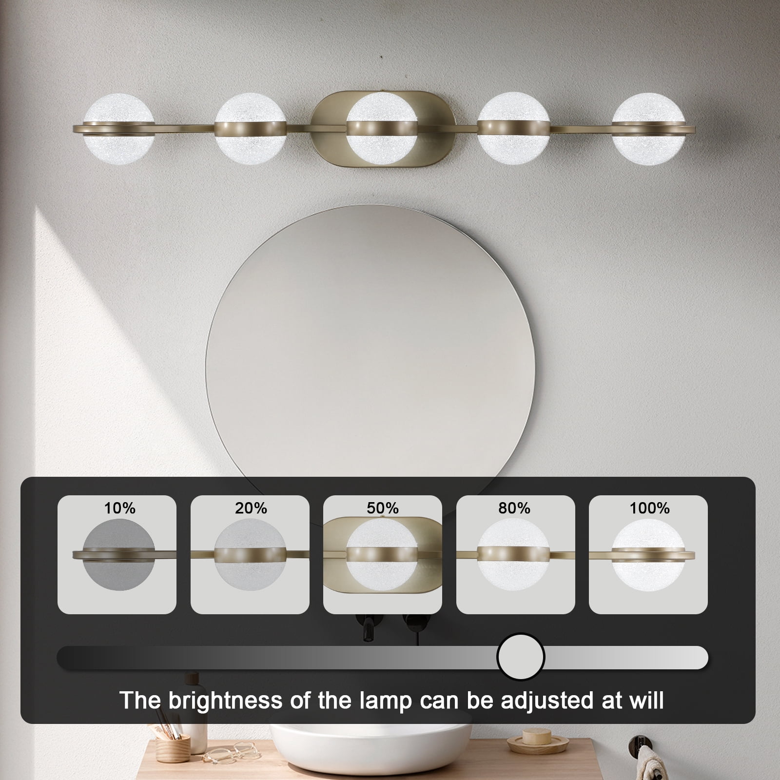 35" Modern Minimalist Bathroom Vanity Light, LED 5 Bulb Crystal Sand Acrylic Shades, Wall Mounted Decorative Lighting Fixture, Suitable for Bathroom Vanity Mirror (Champagne Gold)