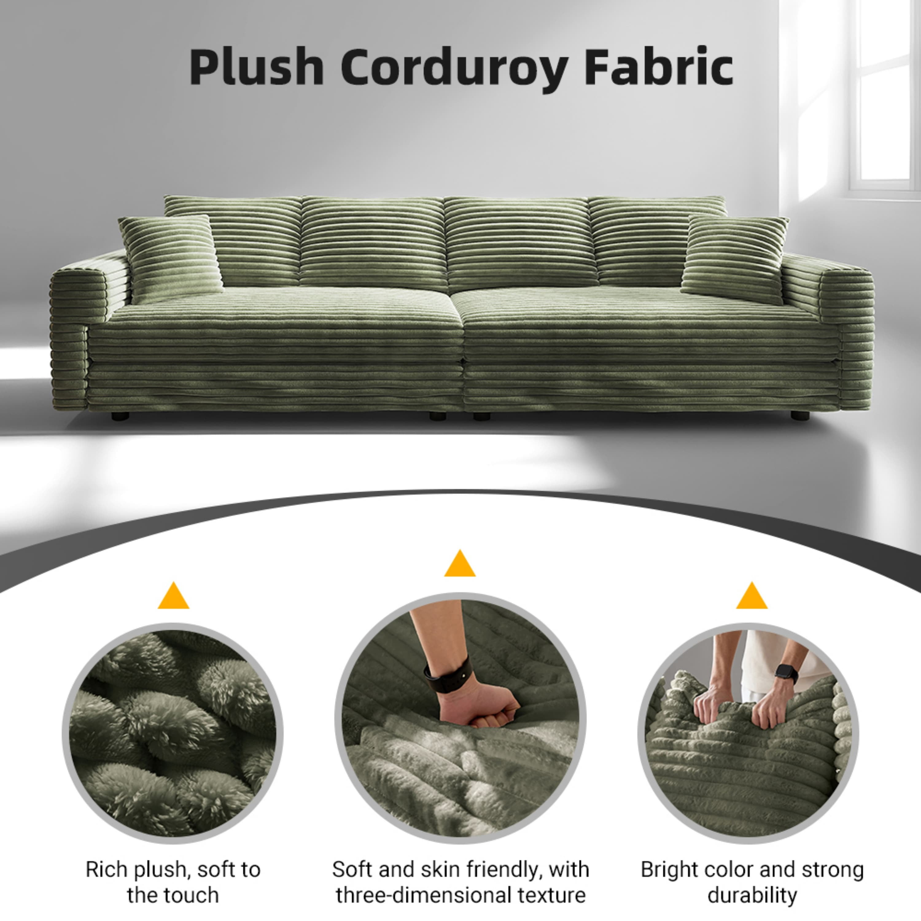 Alvantor 4-Seat Sofa with 2 Movable Ottomans 102" W Corduroy Upholstered Deep Seat Couches U Shaped Convertible Chaise for Living Room, Apartment Green