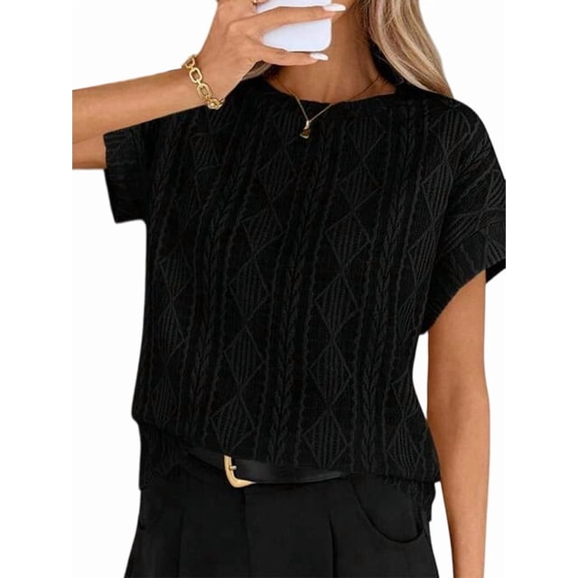 Hauts d'Été à Manches Courtes pour Femmes en Tricot Texturé Col Rond T-Shirts pour Enseignants Noir G