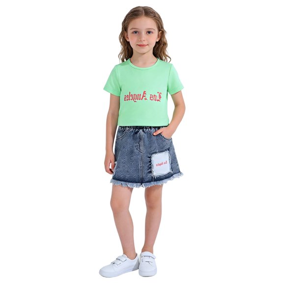 Girls Summer Outfit Fashion Printed T Shirt And Denim Skirt Casual Two Piece Playwear Comfy Green 2-3 Years