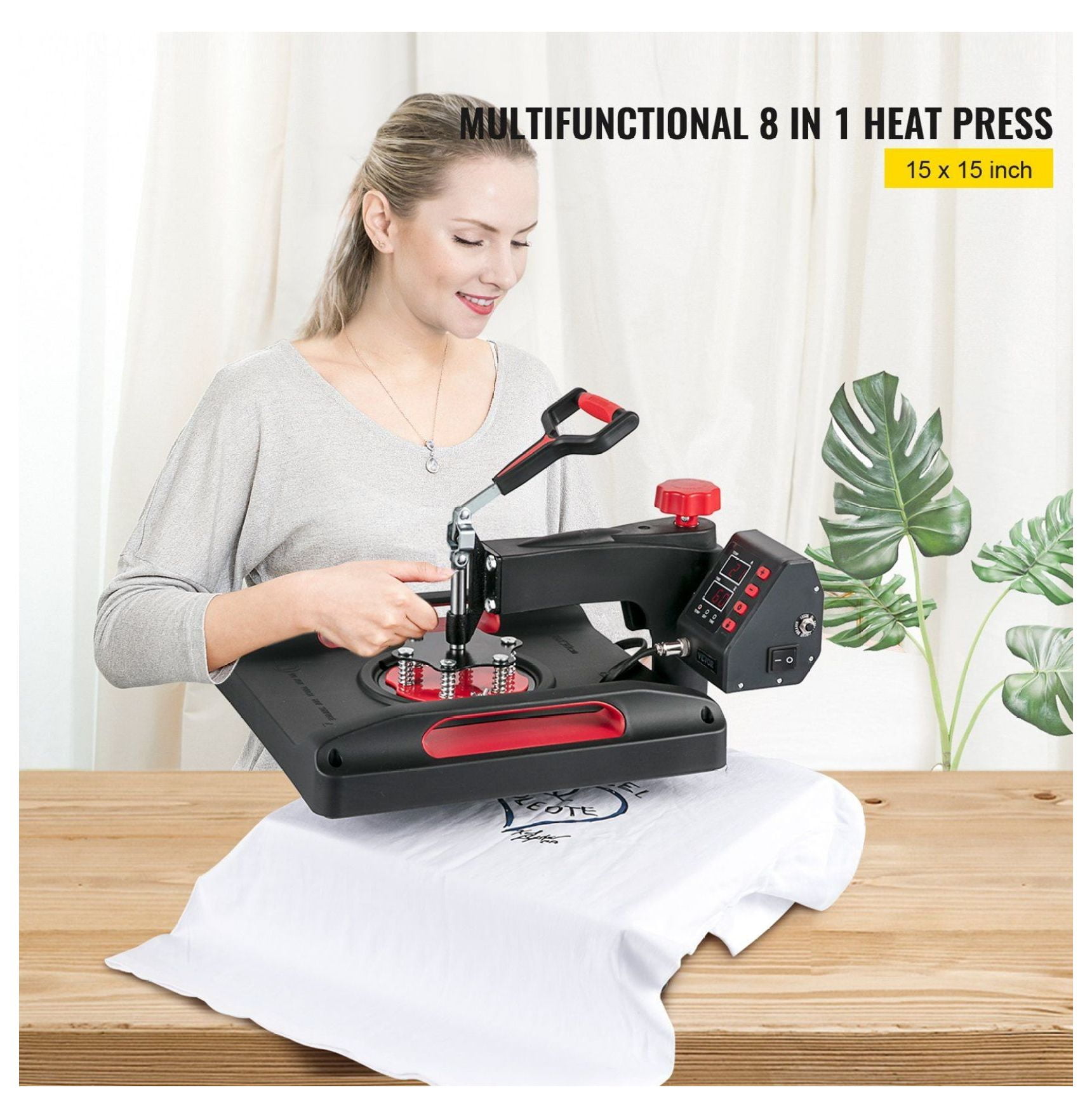 Heat Press Machine 15x15 8-in-1 Sublimation Machine, Digital Control, 360° Rotation, for T-Shirts, Caps, Mugs, Plates - Red