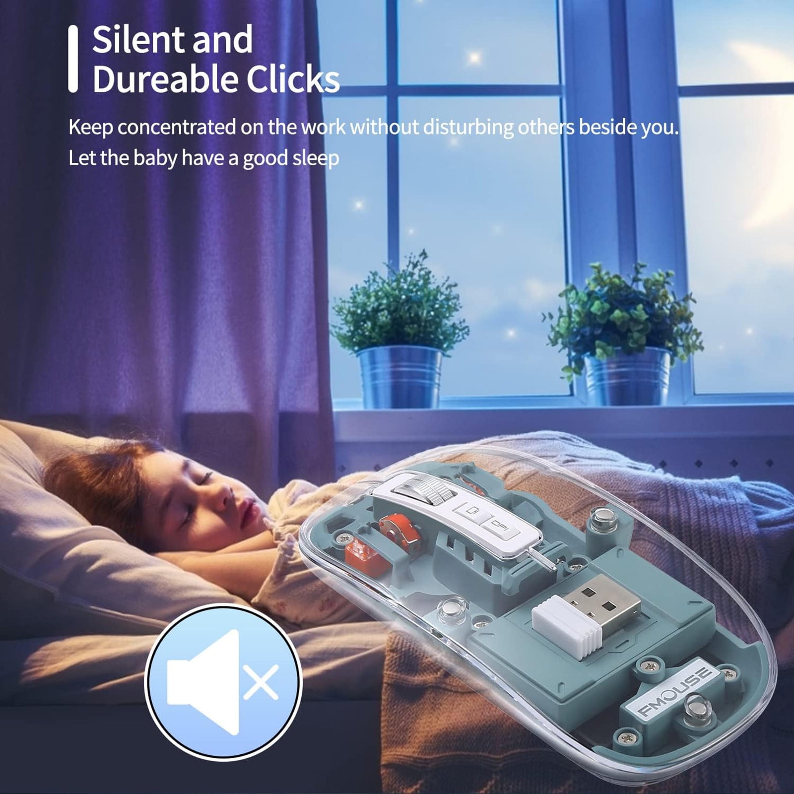 Wireless Bluetooth Mouse Rechargeable with Transparent Design, 4-Stage DPI Adjustment (800/1200/1600/2400), Silent Click, Metal Scroll Wheel, Up to 30 Days Battery Life