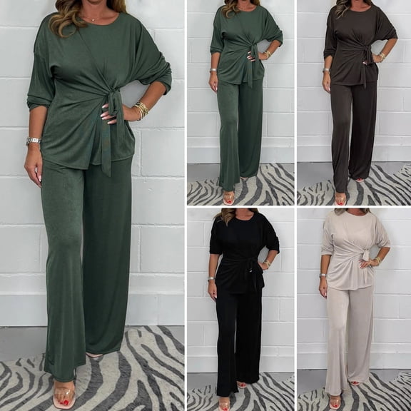 BAETEUY Women Top Pants Suit, 2 Pcs/Set, Round Neck, Long Sleeves, Lace-up, Pleated Blouse, Elastic Waist, Wide Leg, Trousers, Daily Wear, Outfit, Fall, Spring, Tracksuit