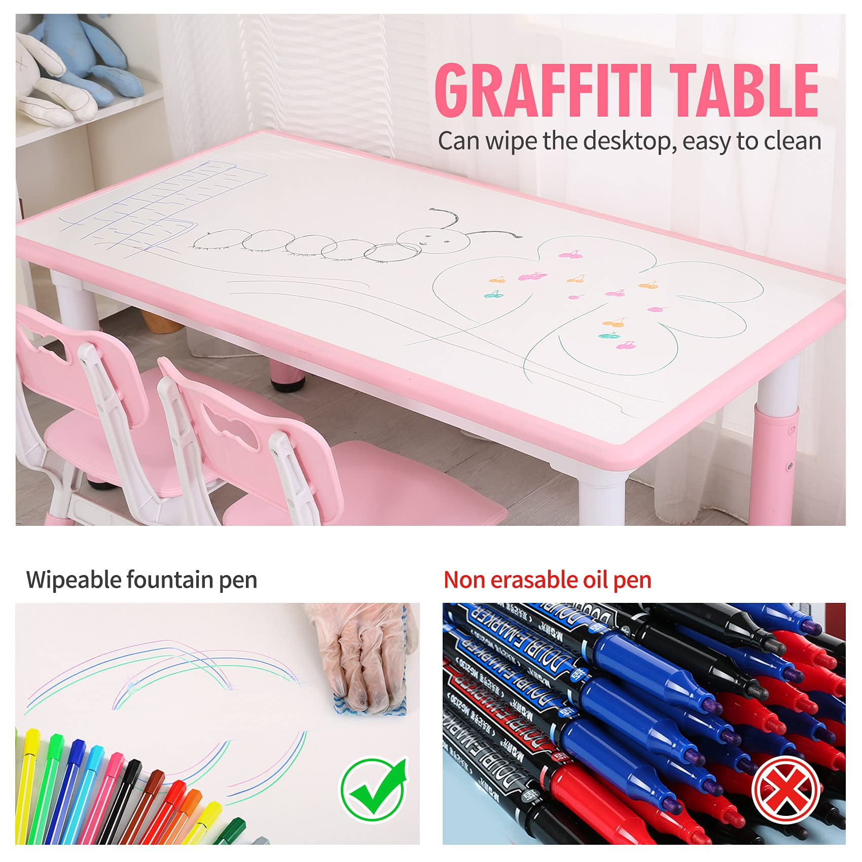 UNICOO® - Kids Study Table and Chairs Set, Height Adjustable Plastic Children Art Desk with 4 Seats, Kids Multi Activity Table Set (White Top + Pink Border)