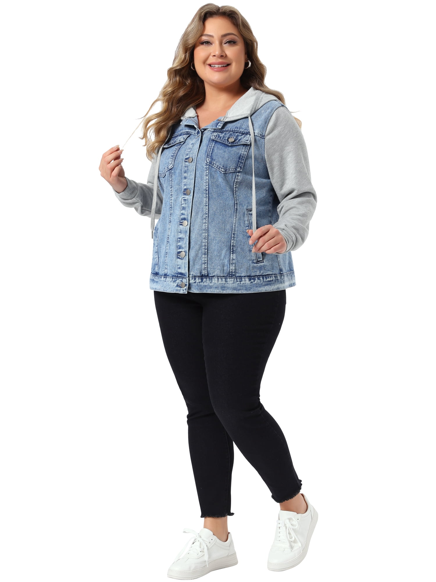 DARING DIVA Women's Plus Size Hood Long Sleeve Hoodie Jean Jacket 3X Washed Light Blue
