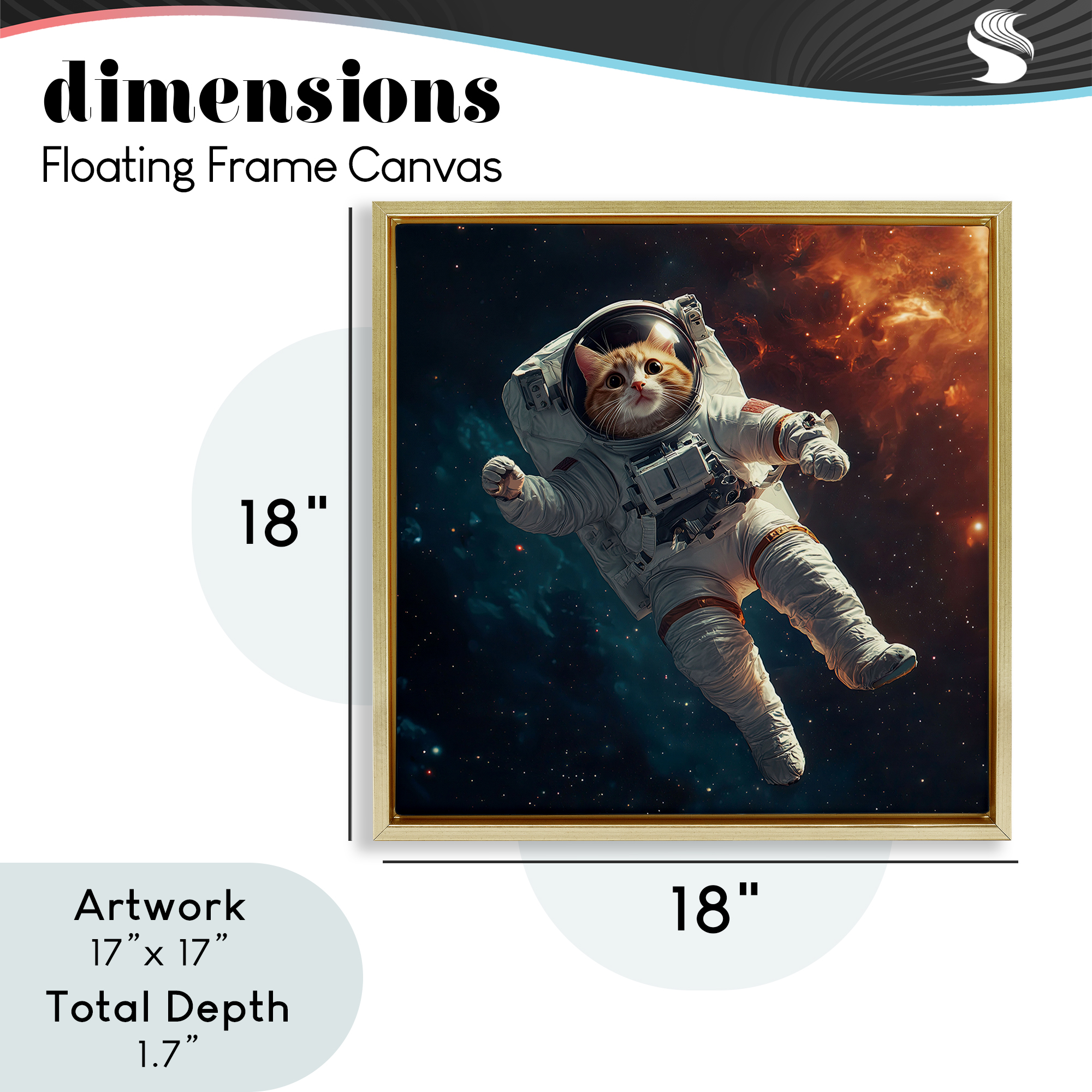 Interstellar Cat Astronaut Gold Framed Floater Canvas Wall Art, design by Jim Baldwin