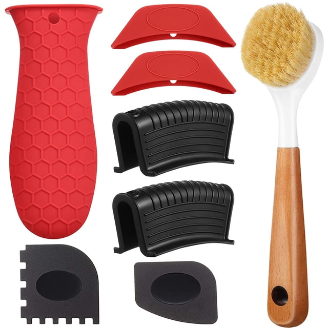 8 Pieces Silicone Hot Handle Holder Set, Silicone Handle Holder, 2 Pieces Pot Holders Cover, 2 Pieces Silicone Assist Handle, 2 Pieces Pan Scraper and Kitchen Dish Brush with Long Handle