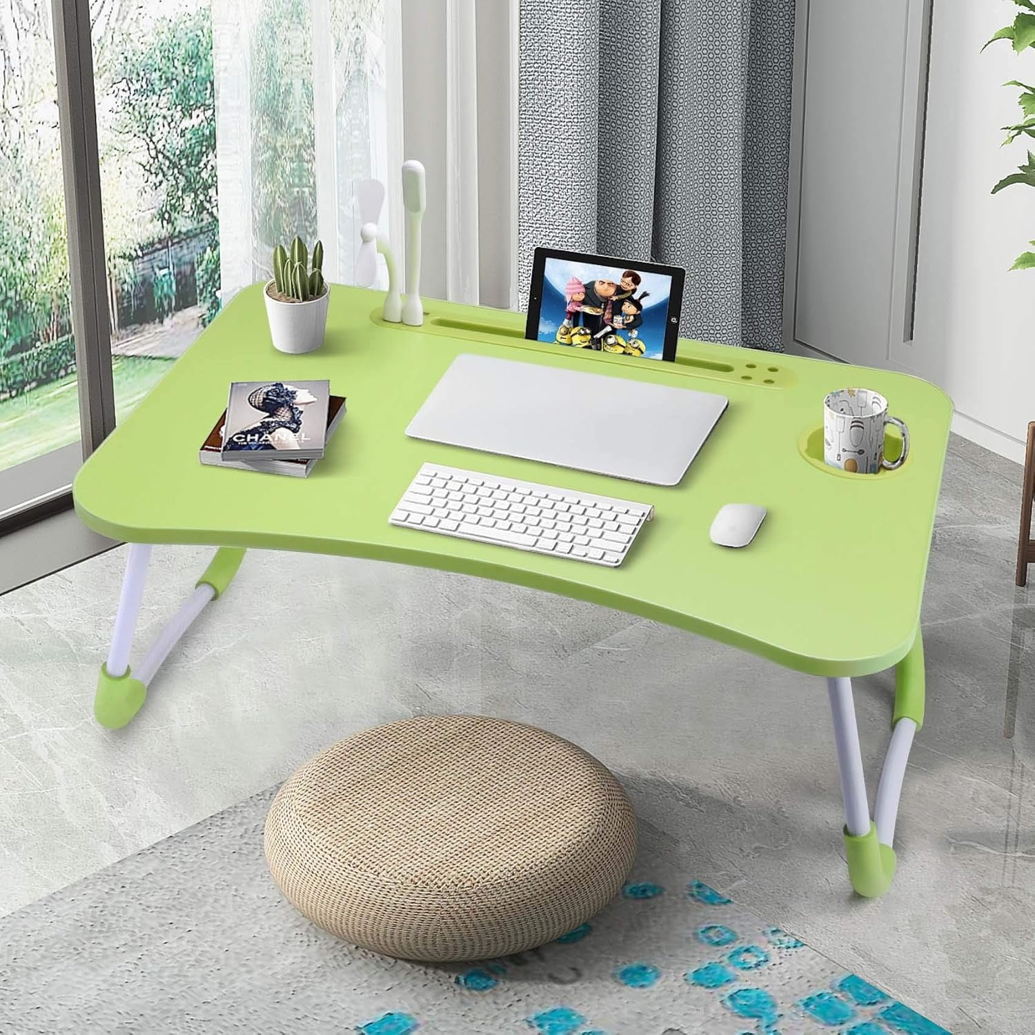 Lap Desk with Cup Holder, Foldable Laptop Table for Bed, Portable Bed Desk for Laptop and Writing, Computer Tray with Tablet Slot, Notebook Stand Reading Holder for Couch Sofa Floor,Green