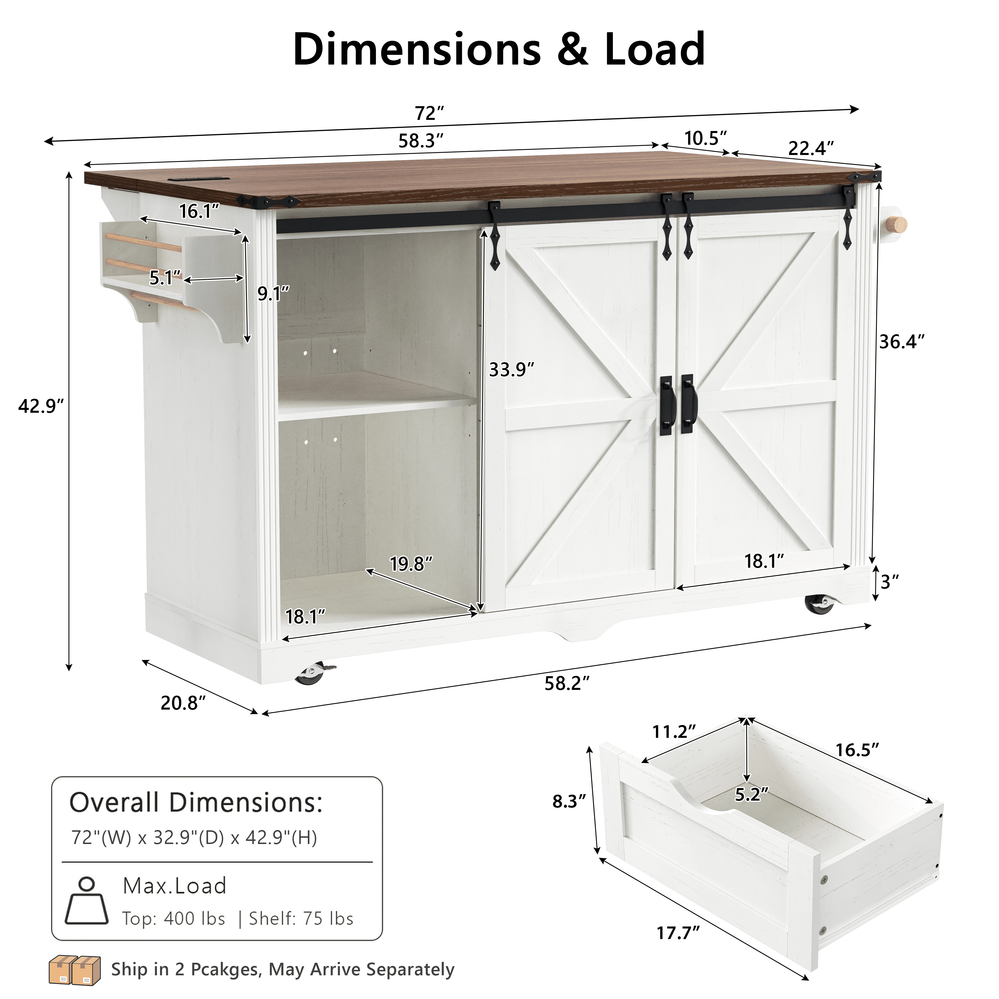Aukfa 72" Farmhouse Kitchen Island with Fridge Space & Power Outlet, Rolling Storage Cart, White