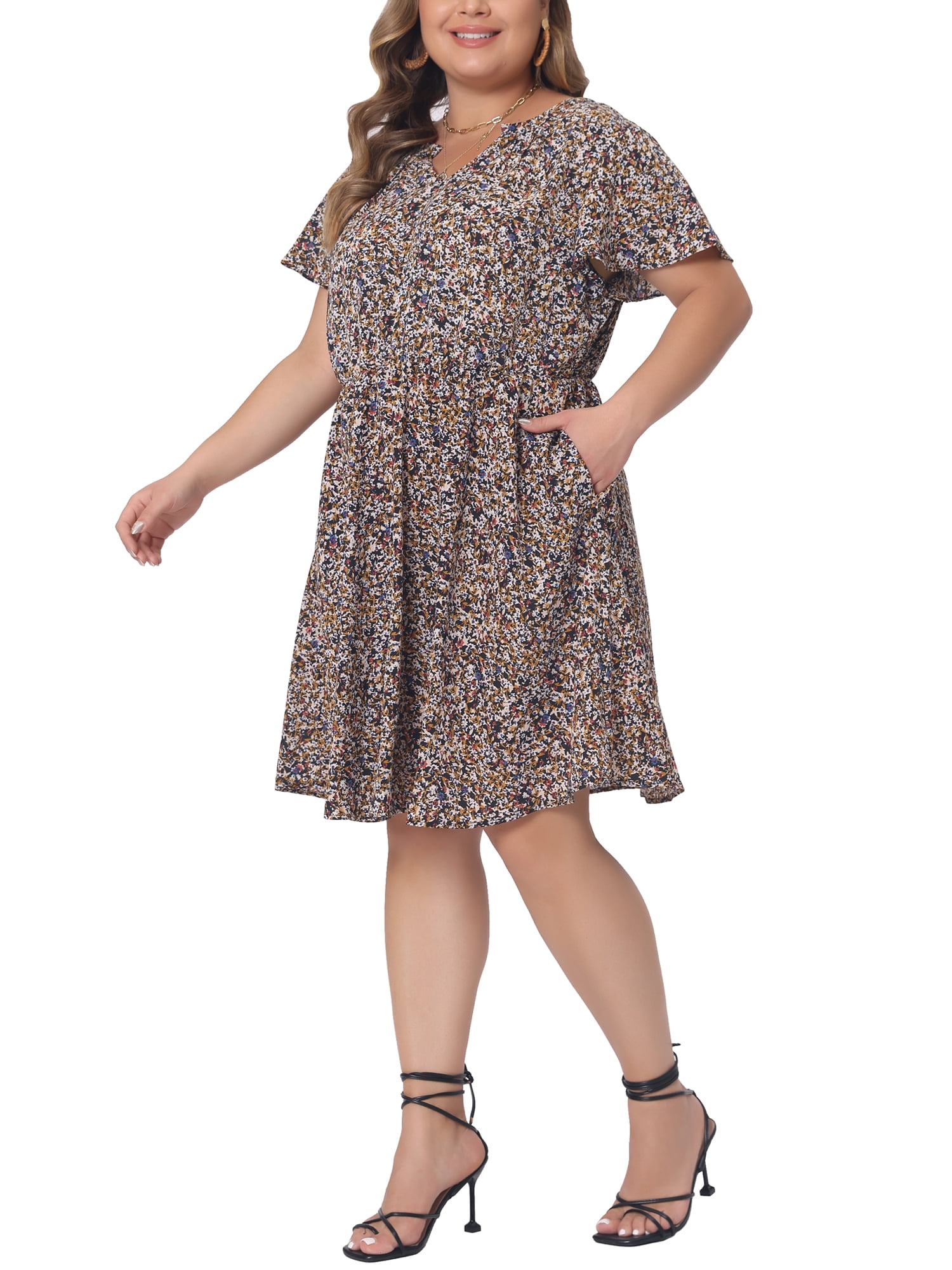 DARING DIVA Women's Plus Size Boho Floral Notched V Neck Ruffle Sleeve Dress 2X Black