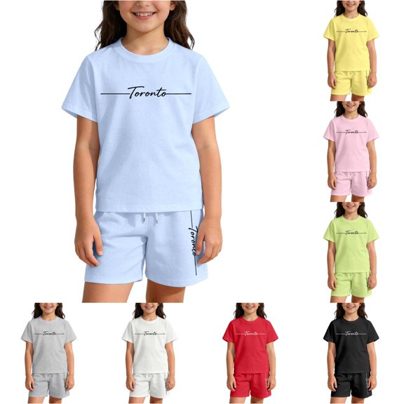 CUZIBR Toddler Kids Outfit Sets Girls Casual Loose Short Sleeve O-Neck T-Shirts Shorts Letter Print Comfortable Everyday Wear Kids Clothes Sets,Light Blue,11-12 Years