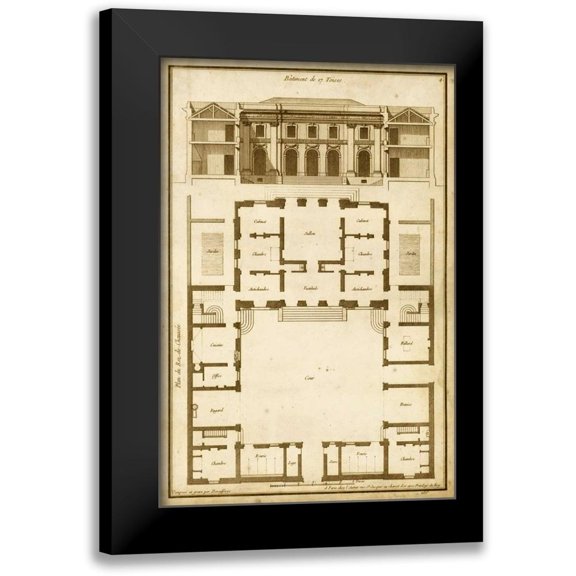 Deneufforge 11x14 Black Modern Framed Museum Art Print Titled - Vintage Building and Plan I