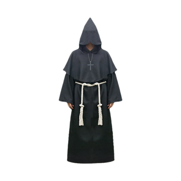 Disfraz de sacerdote con capucha de Halloween con collar cruzado Cinturón Unisex Hombres Mujeres Sól Abanopi Negro/L