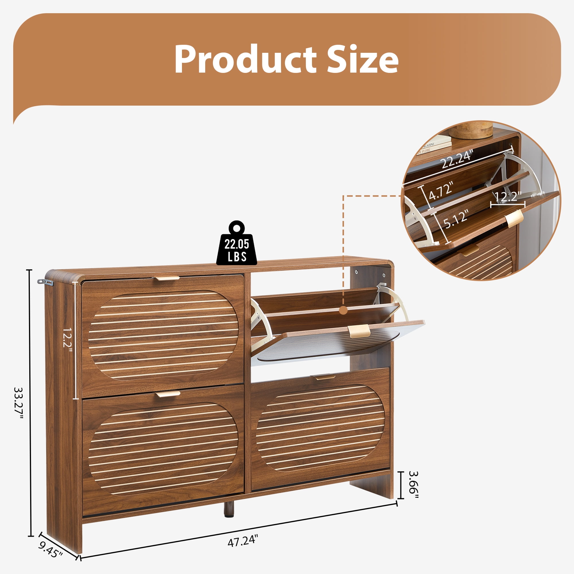 Wirrytor Walnut Curved Oval 4 Flip Drawer Shoe Cabinet, Farmhouse Stripe Pattern Shoe Storage Organizer, Adjustable Shelves Narrow Entryway Shoe Rack With Anti-Tipping Device For Hallway