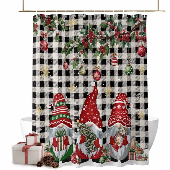 Gnomes Christmas Bathroom Shower Curtain Xmas Balls Branches Winter Snowflake Black Plaid Waterproof Washable Shower Curtains for Bathtub Bath Decor with Grommets and Hook 72 X 72 Inch