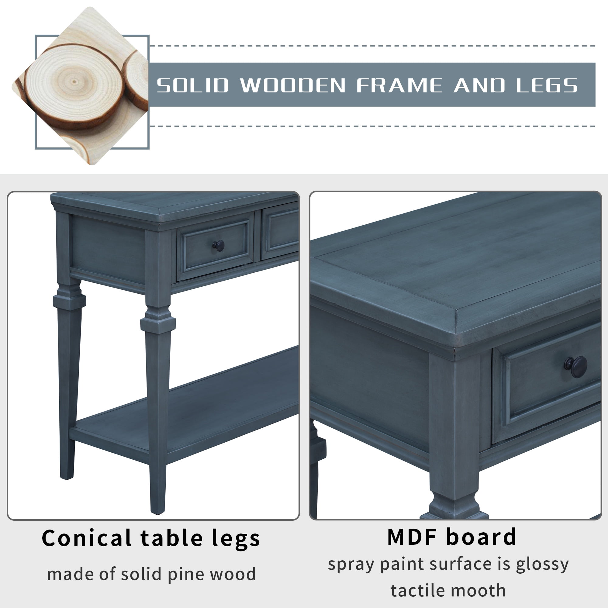 PORKISS 50" Console Table with 3 Storage Drawers, Narrow Long Entryway Table with Bottom Shelf, Vintage Sofa Table with Wood Frame for Living Room Entryway/Hallway/Foyer, Navy