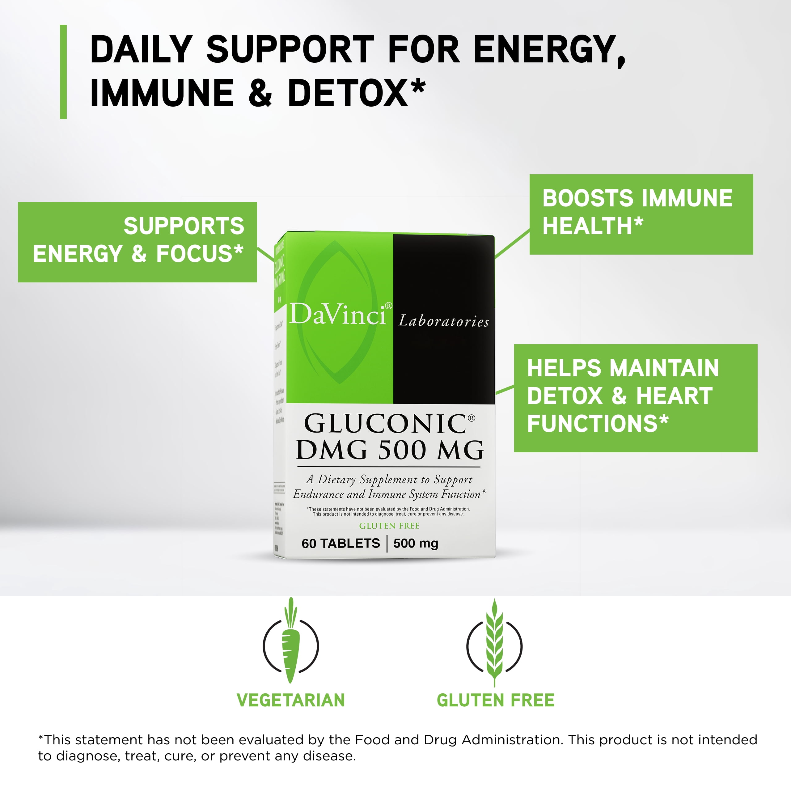 DaVinci Labs Gluconic DMG 500 mg - Support Immune System Function* - 60 Chewable Tablets