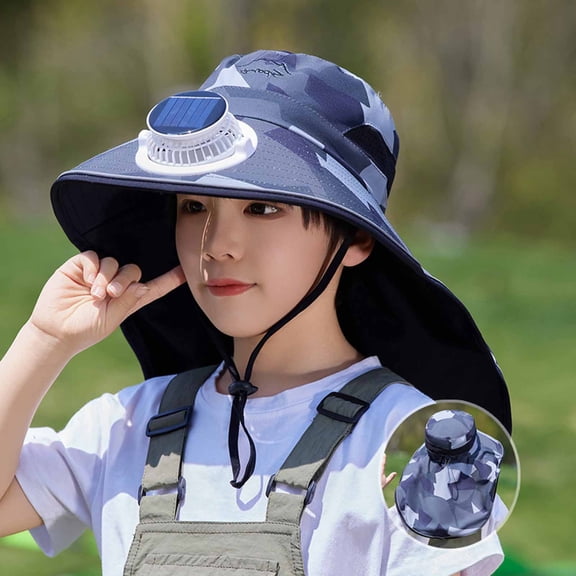 CSSAD Outdoor Wide Brim Sun Hat with Solar Fan, Summer Big Brimmed Shawl Fisherman's Hat for Childen, Sun Bucket Hat for Men Women UPF 50 Bucket Fishing & Beach Hat with Fan, Black