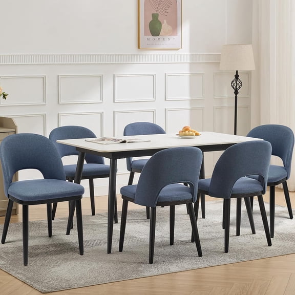 Upholstered Dining Chairs Set of 6,Modern Fabric Wooden Dining Room Chair Kitchen Chairs, Farmhouse Dinner Chair with High Back and Deep Seat for Kitchen,Restaurant,Cafe,Blue