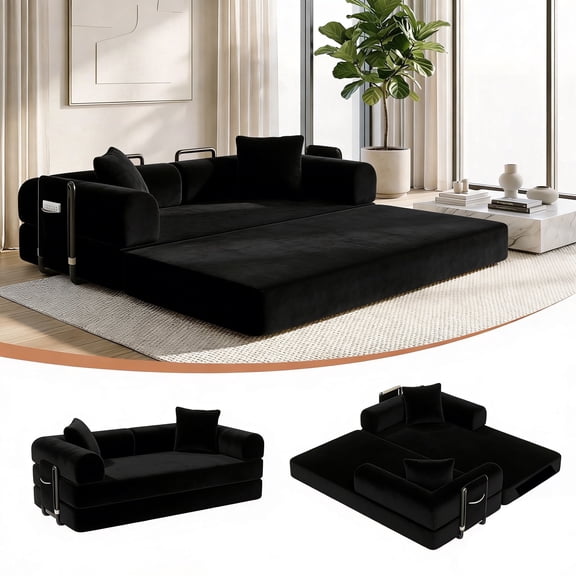 78-Inch Convertible Sleeper Sofa Bed, Black Couch with Storage Bag, High-Density Foam, Corduroy Upholstery, Space-Saving & Portable for Living Room, Home Office