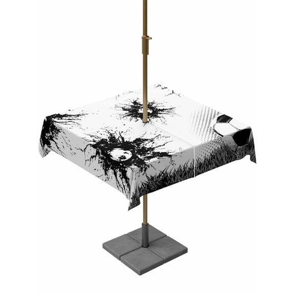Outdoor Tablecloth with Umbrella Hole for Patio/Picnic/Party/Camping, Black White Football Waterproof Table Cloth Square Cover Washable, Grassland Modern Sporty Aesthetic (54"x 54")