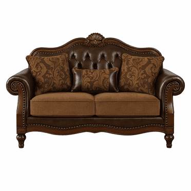 Ergode 2-Tone Brown PU & Chenille Sofa with 5 Accent Pillows – Upholstered 3-Seater Couch for Living Room – Stylish and Comfortable Seating