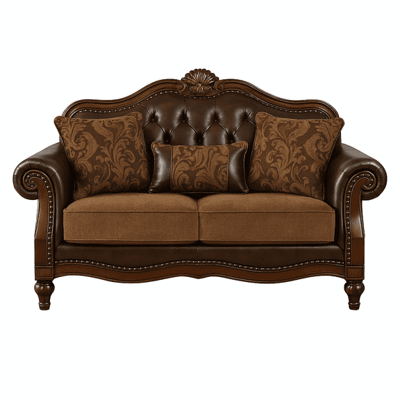 Ergode 2-Tone Brown PU & Chenille Loveseat with 3 Accent Pillows – Upholstered Couch for Living Room – Comfortable & Stylish Seating for Two