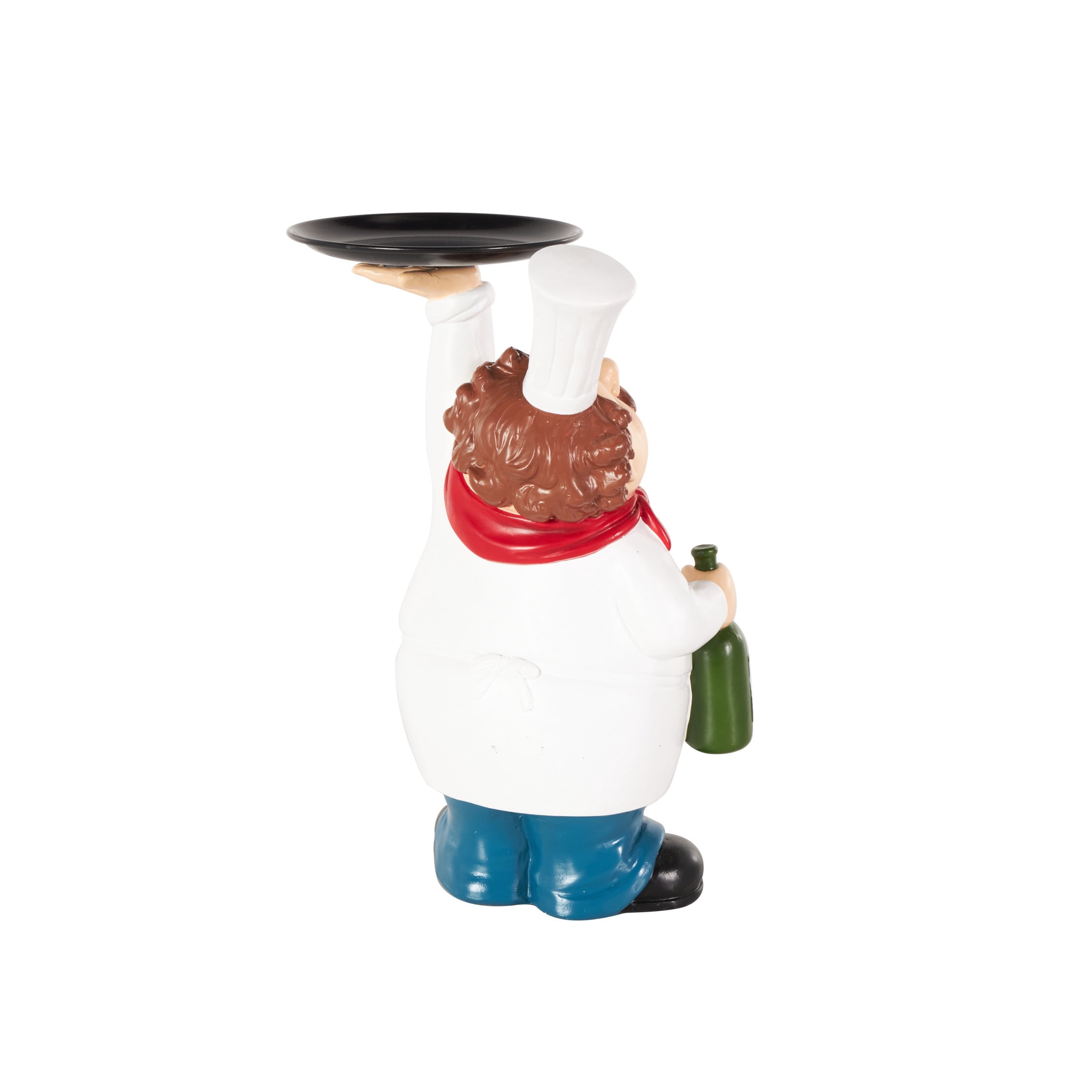 9" x 13" White Polystone Kitchen Decorative Figurine Chef Sculpture with Black Tray and Green Bottle, by DecMode