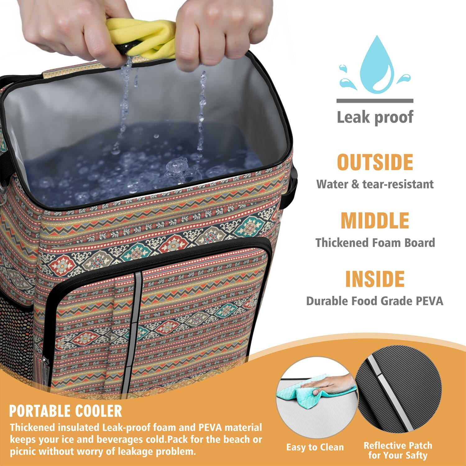 Travel Cooler Bag - Boho Bohemia Pioneer Flower Geometric Line Art Camping Beer Cooler Backpack with Bottle Opener- Waterproof Insulated Picnic Backpacks - Cooler Bag for Beach