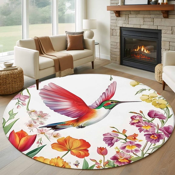 Round Rugs 7Ft, Spring Floral Round Area Rug Washable Indoor Throw Carpet, Summer Botanical Birds Colorful Flowers Large Non Slip Circle Rug for Dining Room Playroom Home Decor Aesthetic
