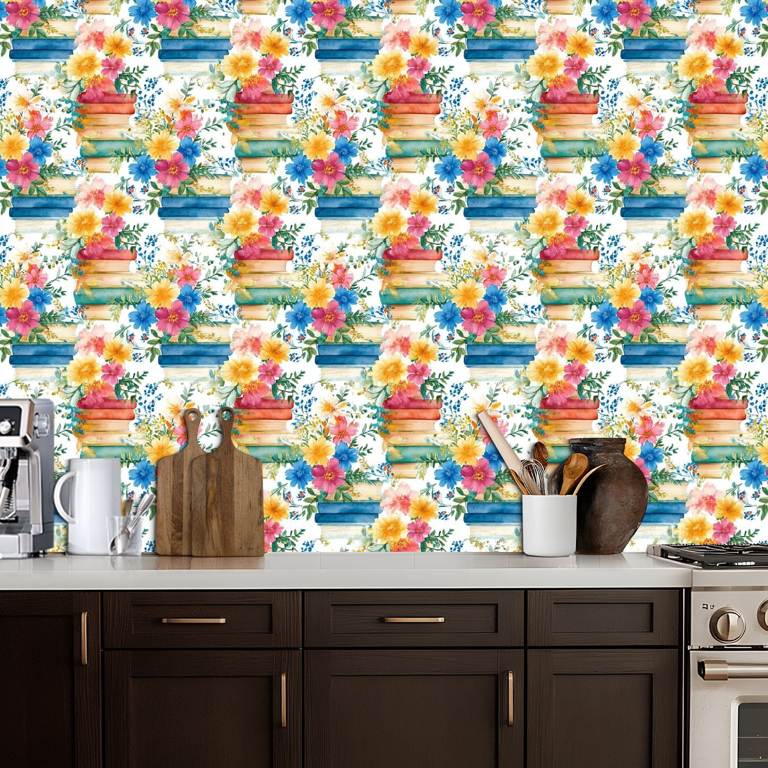 Peel and Stick Wallpaper Watercolor Floral Arrangement Colorful Books Blossoms Wall Mural 17.7in x 9.8ft Self Adhesive Removable Wall Paper Renter Friendly Wallpaper for Nursery Bedroom Classroom