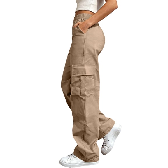 Lenpel Cargo Pants for Women Elastic High Waisted Pull on Straight Leg Pants Loose Streetwear Casual Trousers with Pockets
