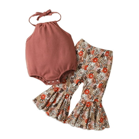 

Infant Baby Girl Flared Pants Set Solid Halter Neck Ribbed Romper Floral Print Elastic Waist Flare Pants Summer Clothes