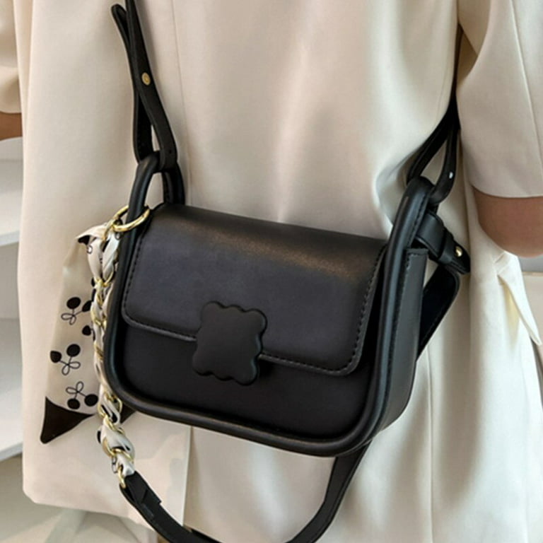 Mini Messenger Bag Fashionable Black Buckle Decor Flap PU